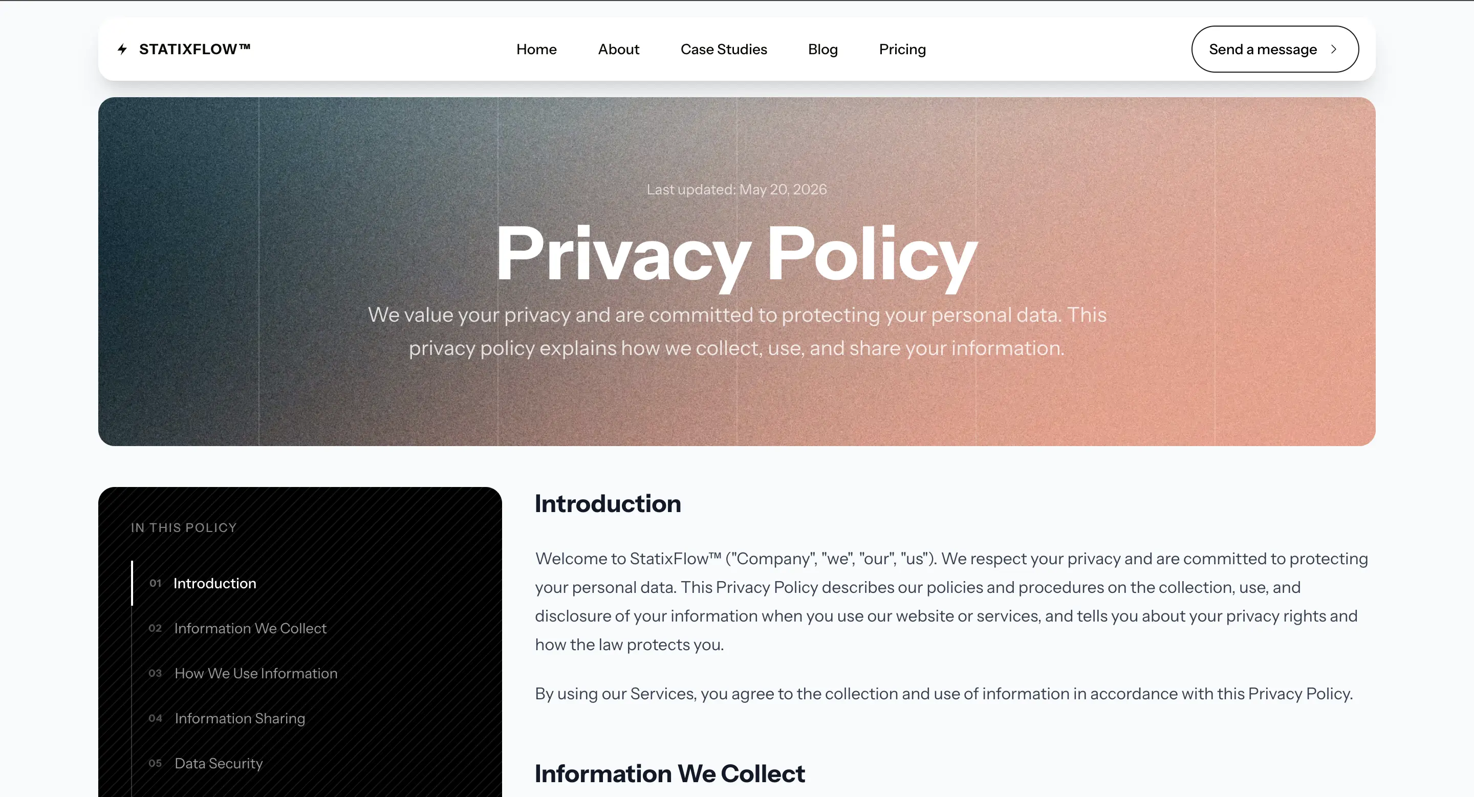 StatixFlow Next Privacy Policy Page